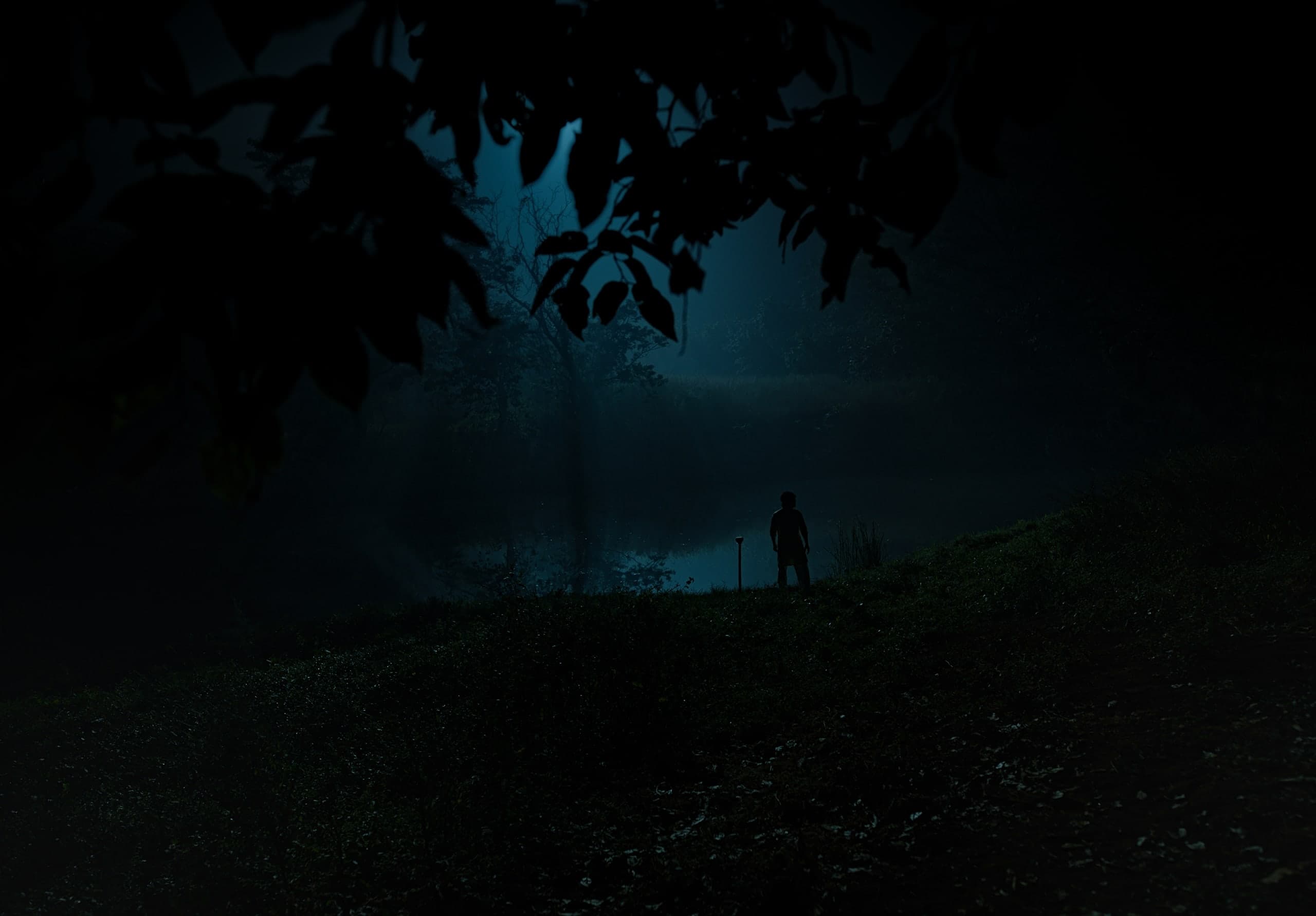 The silhouette of a man standing on a grassy riverbank at night, mist over the water, framed by dark leaves.